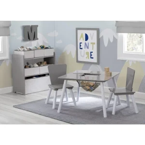 Toddler Playroom Set of 4, Includes A Table, Two Chairs and 6 Toy Storage Boxes, Grey/white