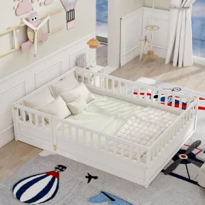 Full Size Montessori Floor Bed with High Fence, Door and Slats, Wood Kids Bed Full Size, Floor-Bed-Frame for Bedroom, Toddlers,