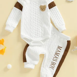 Adorable Baby Boy s Knit Set with Cute Animal Embroidery and Cozy Textured Romper and Pants - 2 Piece Fashion Ensemble