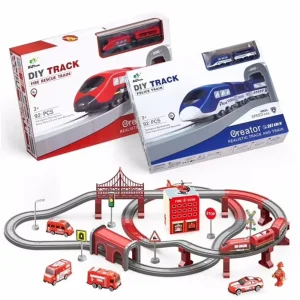 Toys Train Set for Kids, HDJ 92PCS Race Track Set for Boys Christmas Train Birthday Gift , Fire Truck Toy with Cars, Copter(Red)