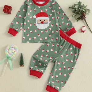 Toddler 2-Piece Christmas Pajama Set with Reindeer Print Long Sleeve Top and Pants Festive Holiday Sleepwear for Kids
