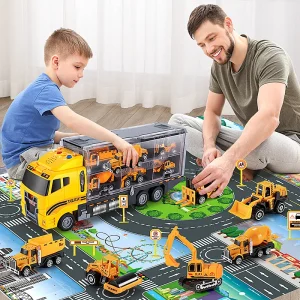 TEMI Big Container Transporter Playset with Play Mat & 6PCS Mini Engineering Vehicle Car Model Toys For Kids Boys Gifts